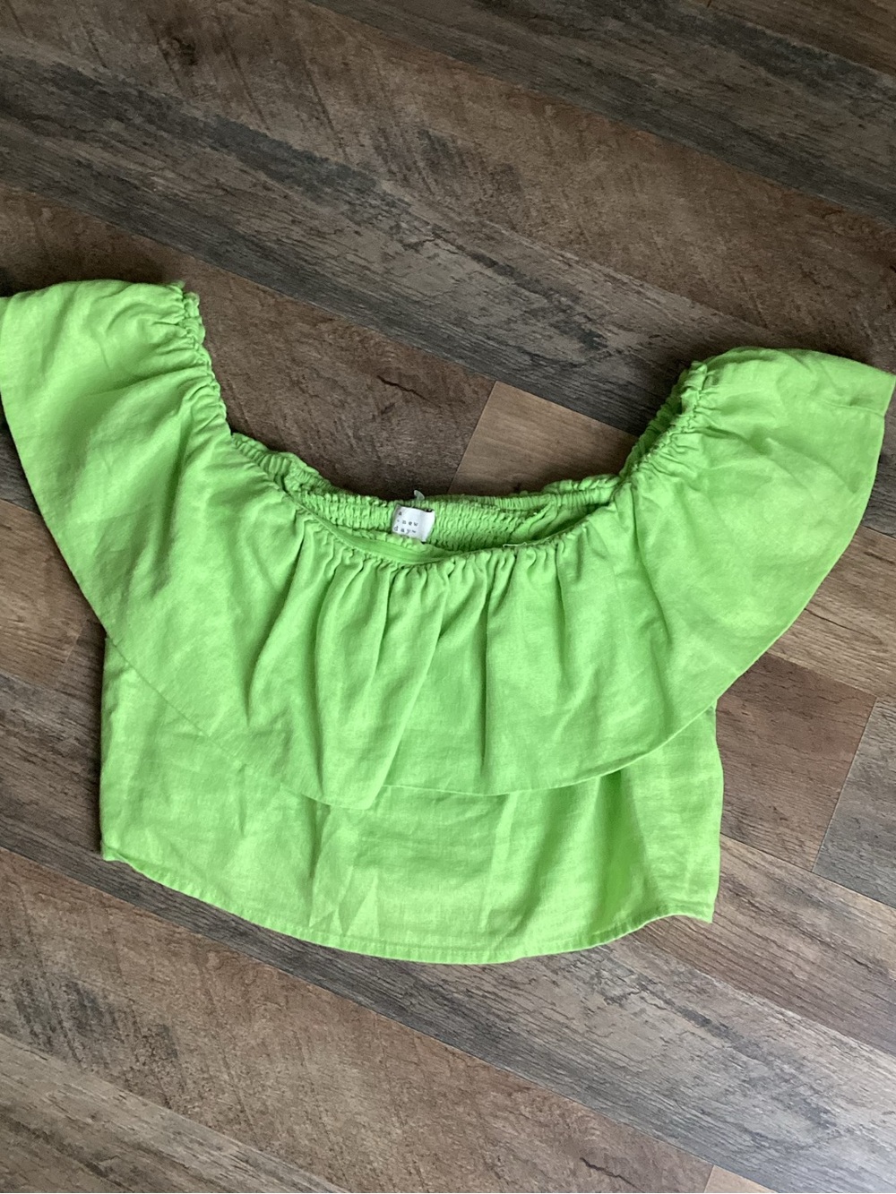 A new day Women’s Off-Shoulder linen blend Ruffle Top in Lime Green
